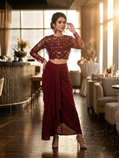 Sequin Fringe Top & Draped Skirt Set