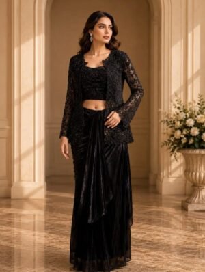 Black Beadwork Satin Jacket Saree