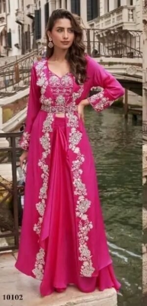 IMG-20260922-WA1085 Magenta Designer Party-Wear Lehenga Saree with Attached Pallu, Top & Shrug