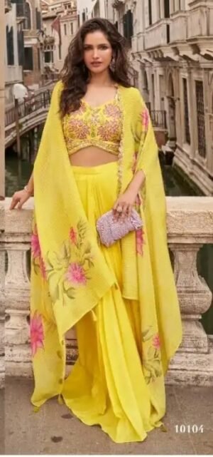 IMG-20260922-WA1087 Yellow Designer Party-Wear Lehenga Saree with Attached Pallu, Top & Shrug