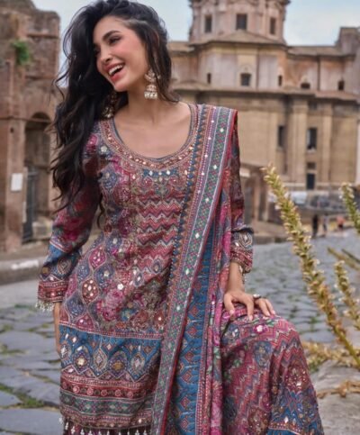 IMG-20260923-WA0137 Multicolour Chinon Jacquard Mirror Work Kurta Palazzo Set