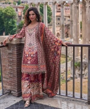 IMG-20260923-WA0140 Maroon Printed Kurta Palazzo Set With Dupatta