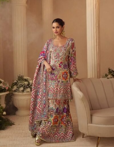Pastel Multicolour Printed Kurta Palazzo Set With Dupatta