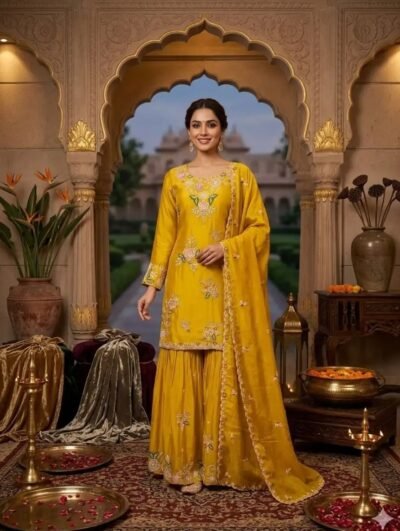 Floral Handwork Viscose Crepe Sharara Suit