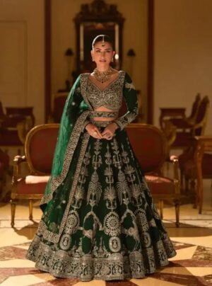 Bottle Green Hand Embroidered Net Lehenga Choli Set With Dupatta