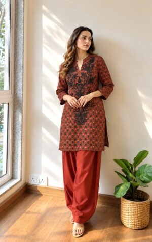 IMG-20260923-WA0259 Ajrakh Print Embroidered Farshi Salwar Set