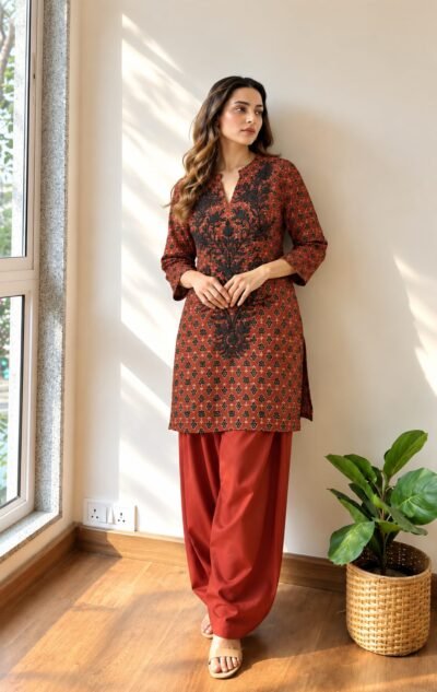 Ajrakh Print Embroidered Farshi Salwar Set