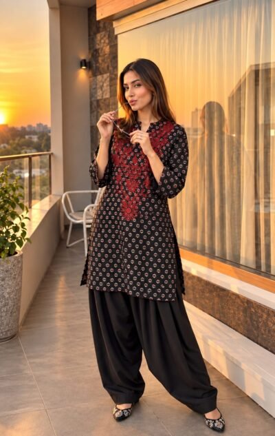 Ajrakh Print Embroidered Farshi Salwar Set
