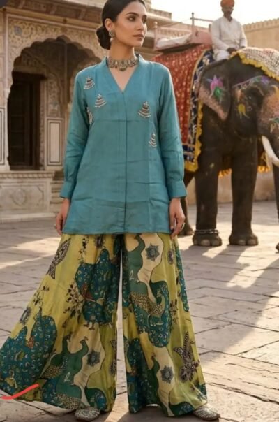 Teal Peacock Print Crepe Co-ord Set
