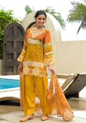 IMG-20260923-WA0491 Mustard & Orange Printed Crepe Farshi Suit Set