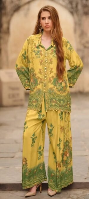 IMG-20260923-WA0646 Yellow & Green Floral Crepe Co-ord Set