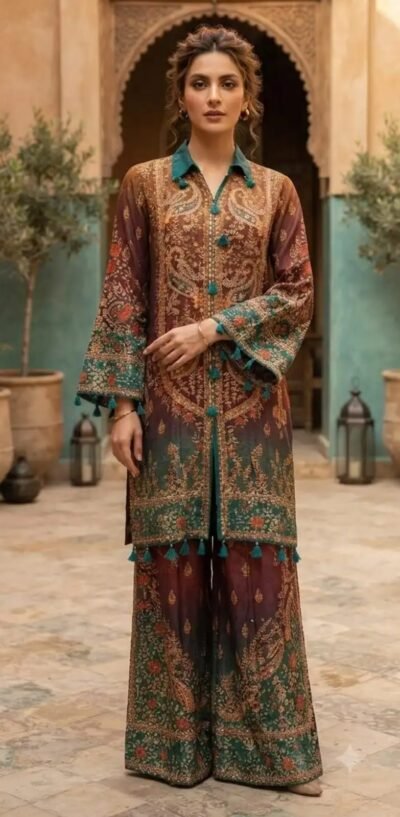 Brown & Teal Paisley Crepe Co-ord Set