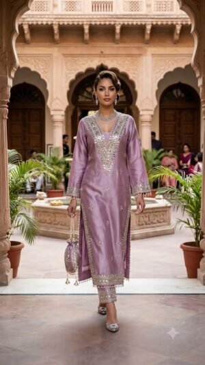 IMG-20260923-WA0713 Mauve Mirror Work Tissue Silk Kurta Set with Potli