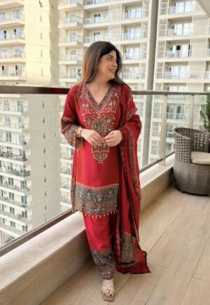 SCF0122-01 Pure Crepe Farshi Salwar Suit with Hand-Embroidered Neckline -