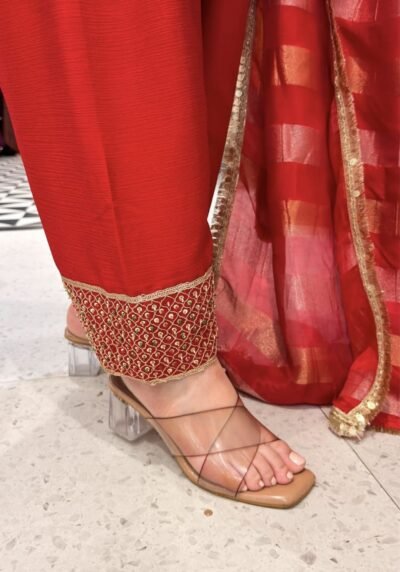 SCF0123-02 Chinon Farshi Salwar Suit with Kardana Zardozi Dabka Work & Potli