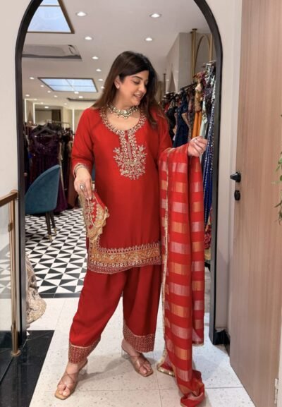 SCF0123-03 Chinon Farshi Salwar Suit with Kardana Zardozi Dabka Work & Potli