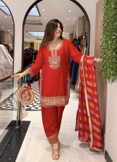 SCF0123-04 Chinon Farshi Salwar Suit with Kardana Zardozi Dabka Work & Potli