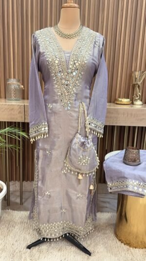 SCF0124-02 Tissue Shimmer Mirror Work Pheran Set with Potli