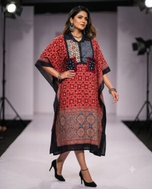 SCF0124-03 Modal Silk Ajrakh Hand-Block Kaftan with Mirror Work