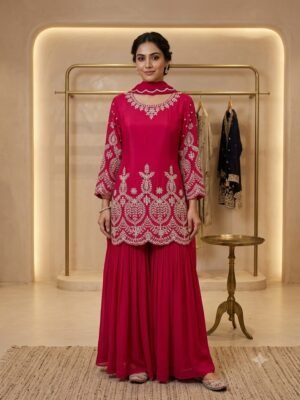 SCF0132-02 Pure Chinon Handwork Kurta Sharara Set