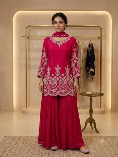 SCF0132-02 Pure Chinon Handwork Kurta Sharara Set
