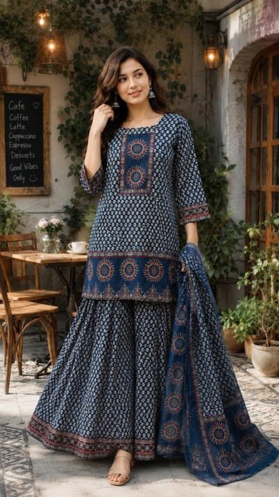 SCF0134-01 Ajrakh Premium Cotton Kurta Sharara Set