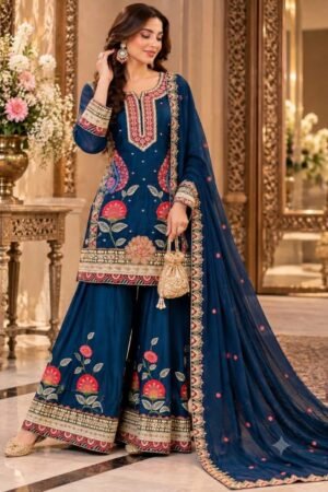 SCF0136-01 Chinon Silk Embroidered Sharara Set with Mirror Work