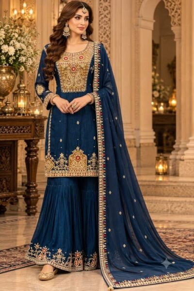 Pure Chinon Silk Gota & Mirror Work Sharara Set