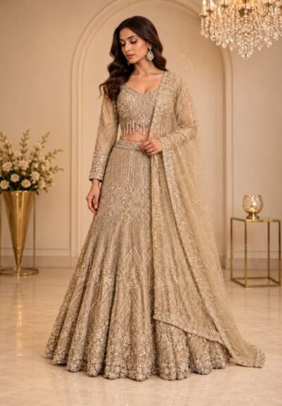 Embroidered Net Lehenga Set with Full-Sleeve Blouse