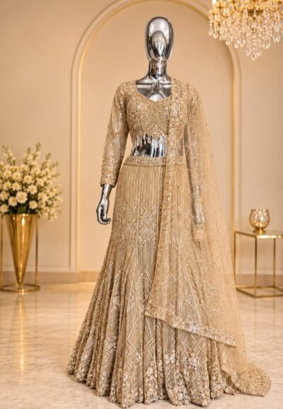 Embroidered Net Lehenga Set with Full-Sleeve Blouse