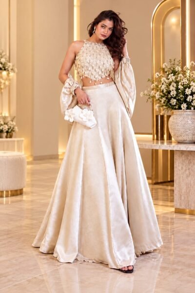 Champagne Ivory Pearl-Embellished Lehenga Set