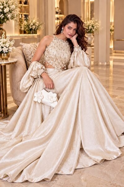 Champagne Ivory Pearl-Embellished Lehenga Set