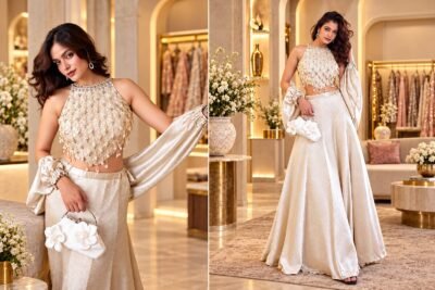 Champagne Ivory Pearl-Embellished Lehenga Set