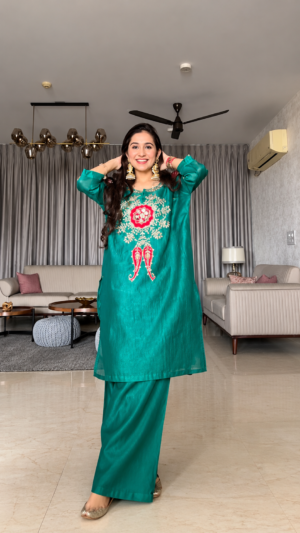 SCF0154-3 Crush Tissue Mirror Work Palazzo Co-ord Set