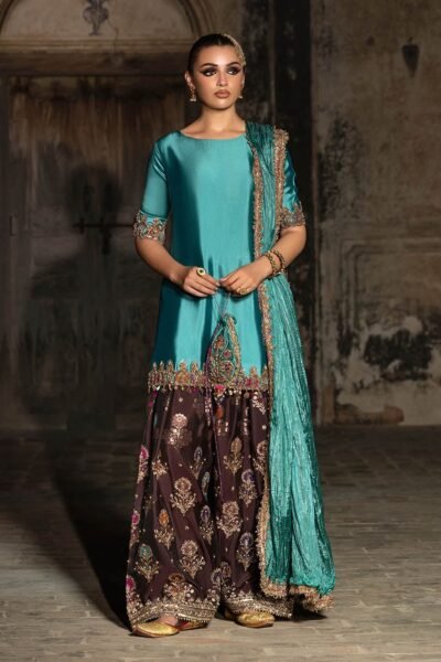 SCF0169-1 Khuda Baksh Pure Gloss Silk Kora Dabka Suit with Jamawar Trousers