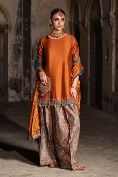SCF0169-2 Khuda Baksh Pure Gloss Silk Kora Dabka Suit with Jamawar Trousers
