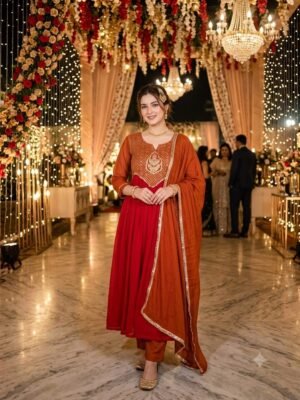 SCF0175-01 Mul Chanderi Anarkali Pant Dupatta Set