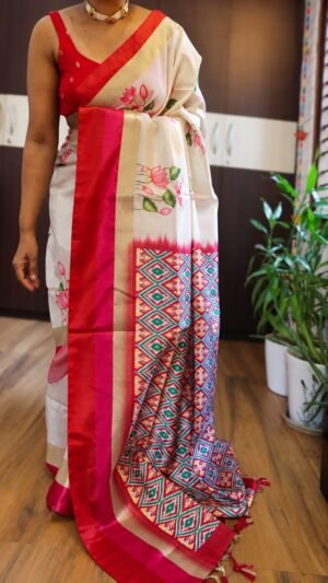 Tussar Silk Pichwai Floral Saree with Ikkat Pallu