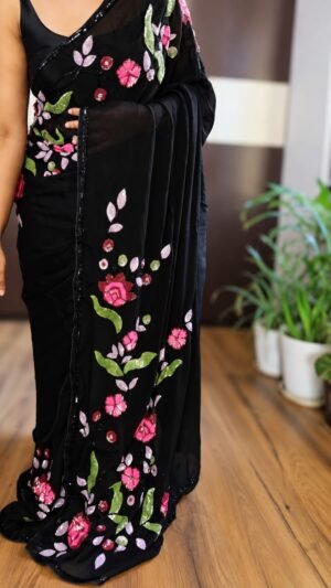 Pure Georgette Multi-Colour Sequin Handwork Saree