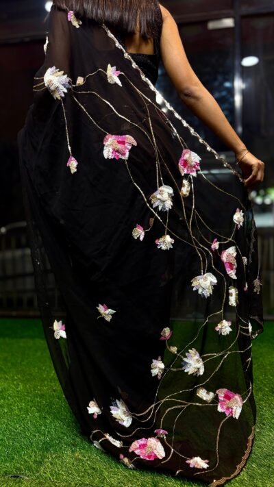Black Georgette 3D Floral Zardozi Saree