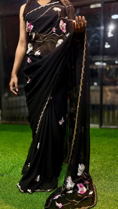 Black Georgette 3D Floral Zardozi Saree
