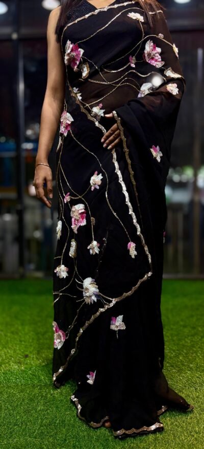 Black Georgette 3D Floral Zardozi Saree