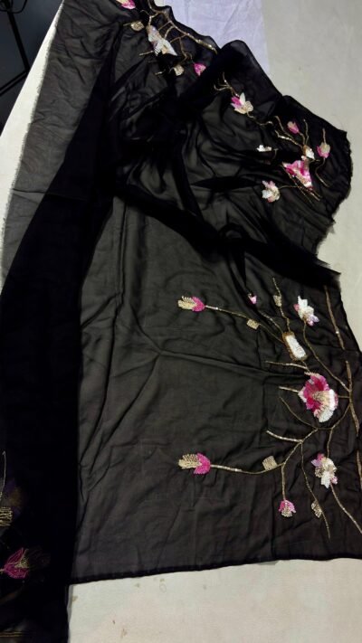 Black Georgette 3D Floral Zardozi Saree