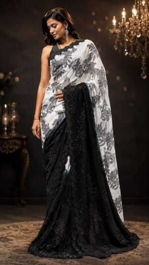 Black & White Georgette Leaf Sequin Saree