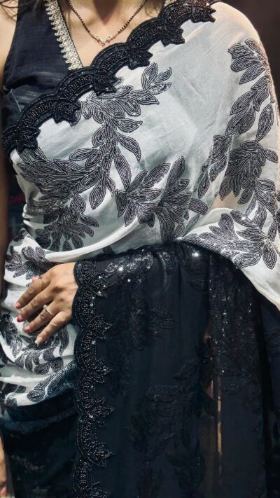 Black & White Georgette Leaf Sequin Saree