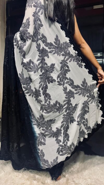 Black & White Georgette Leaf Sequin Saree