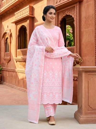 SCF0200-01 Chanderi Chikankari Kurti Pant Dupatta Set
