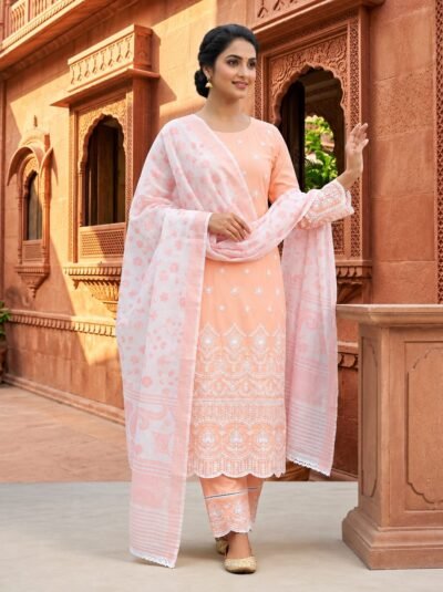 SCF0200-02 Chanderi Chikankari Kurti Pant Dupatta Set