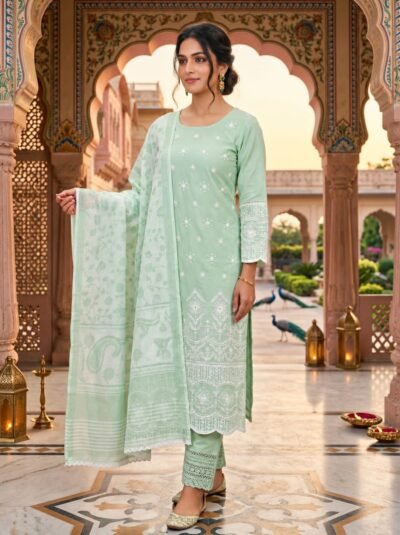 SCF0200-03 Chanderi Chikankari Kurti Pant Dupatta Set