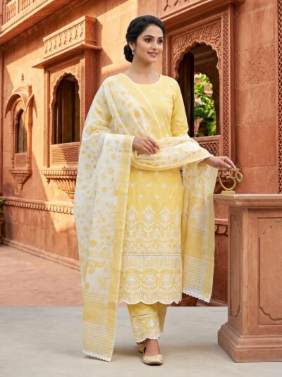 SCF0200-04 Chanderi Chikankari Kurti Pant Dupatta Set
